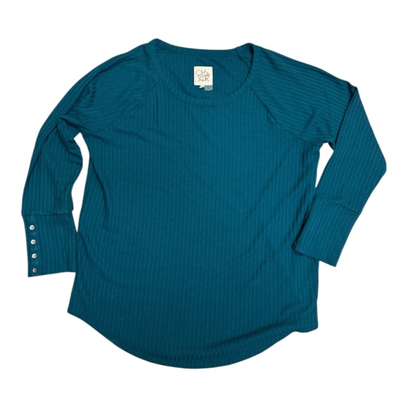 Chaser Tops - Chaser Teal Waffle Knit Thermal Long Sleeve Top Womens XXL Stretch